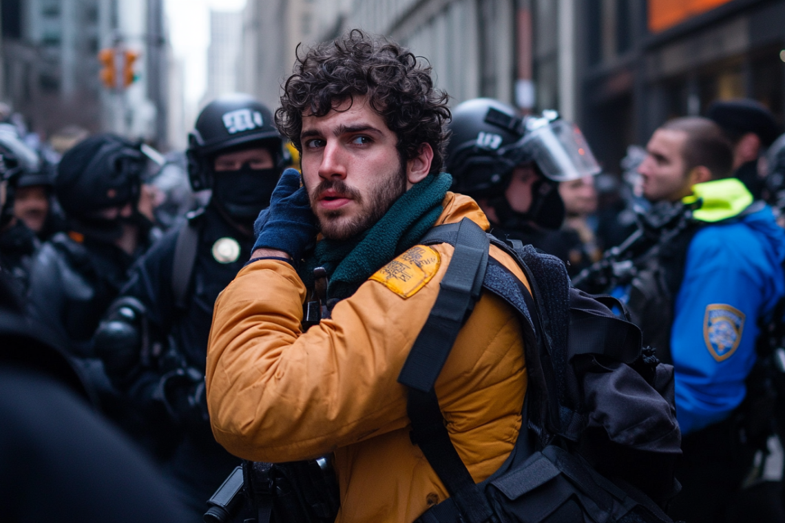 Journalist looking at camera among a demonstration police around hi m  AI image